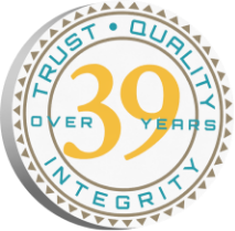 Badge that reads trust quality integrity over 35 years