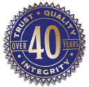 Badge that reads trust quality integrity over 40 years