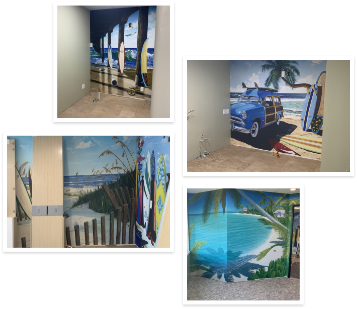 Collage of beach themed murals on wall of Danville dental office